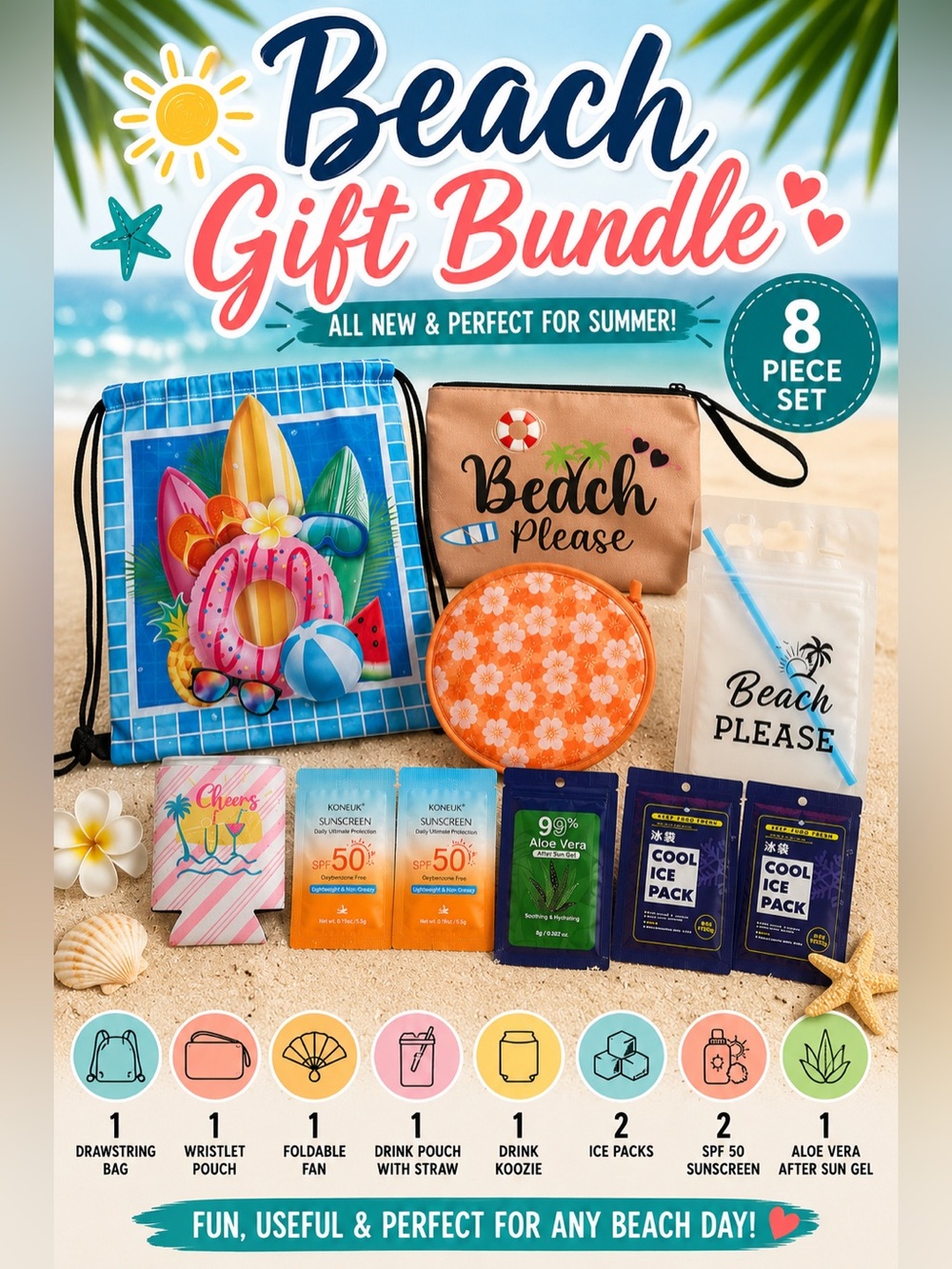 Beach Gift Bundle Drawstring Bag Wristlet SPF 50 Aloe Fan Ice Packs New